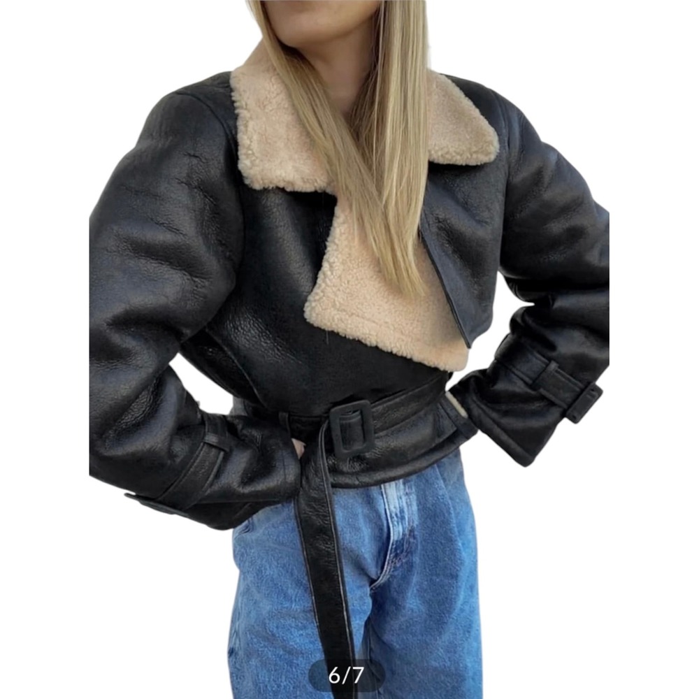 Commense Too Blessed Sherpa Lined Shearling Faux Leather Flight Jacket Black S